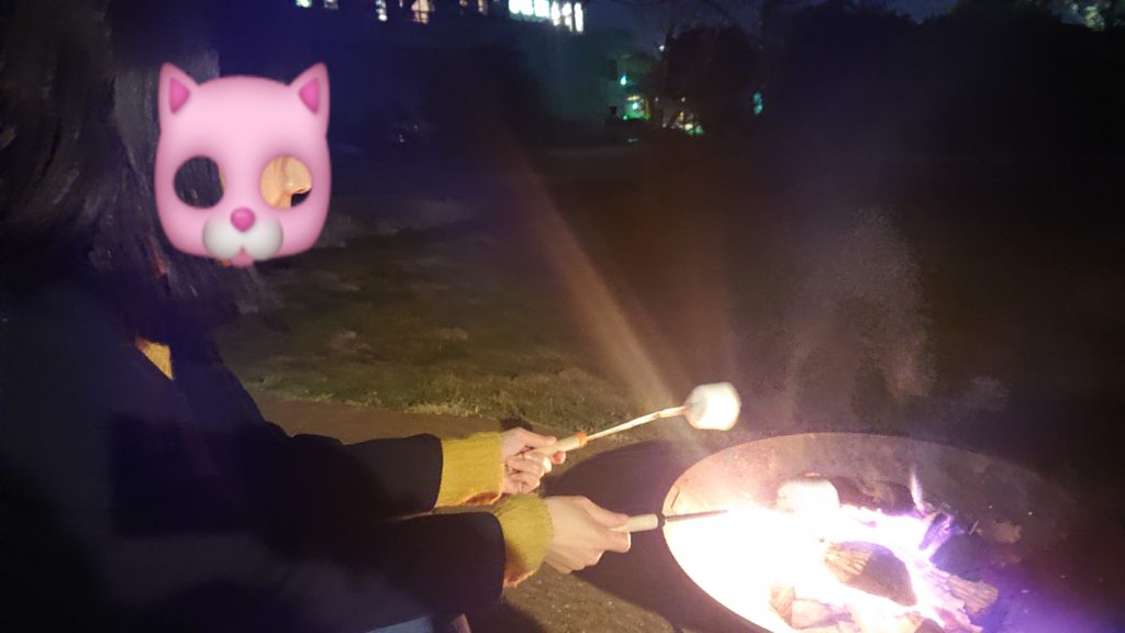 焚火でマシュマロを焼いてます。