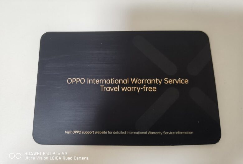 OPPO Find X3 Proのグローバル版（CPH2173）に同梱されているOPPO国際保証サービスに関するカード。裏面。