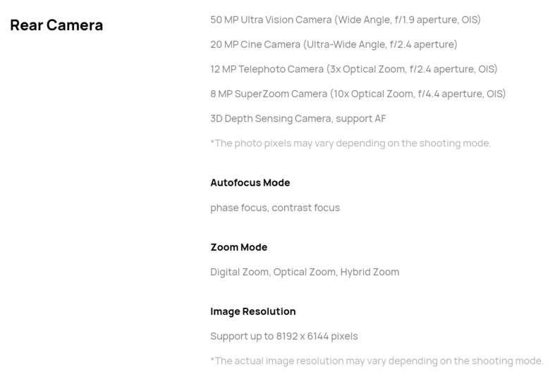 HUAWEI Mate 40 Pro＋のカメラ部分のスペック表です。
