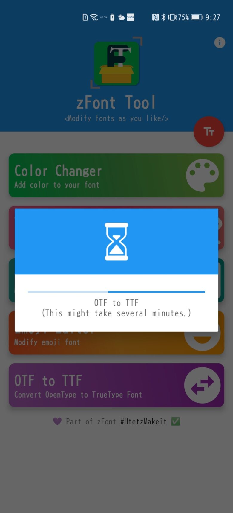 Z Font Toolアプリ内でOTFファイルをTTFファイルに変換している画面。