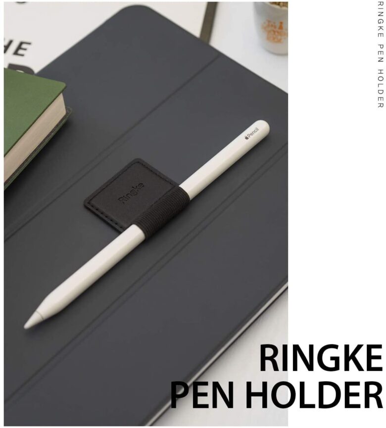 Ringleの粘着式ペンホルダーの画像。iPadとApple Pencilの仕様イメージです。