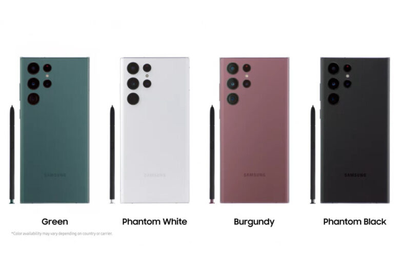 Galaxy S22 Ultraの海外発売カラー全4色。ファントムブラック、ファントムホワイト、バーガンディ、グリーン。