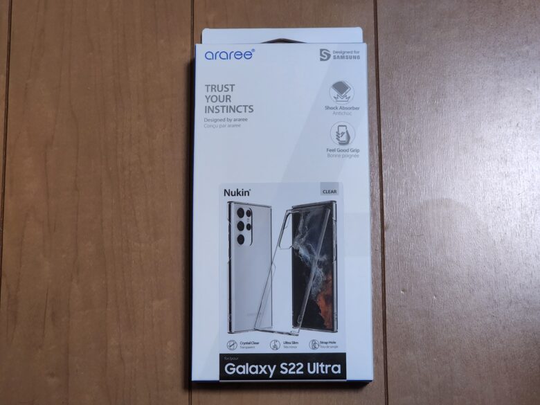 araree Nukin クリアケース Samsung Galaxy S22 Ultra 5G 専用  サムスン公式認証品の外箱の画像。