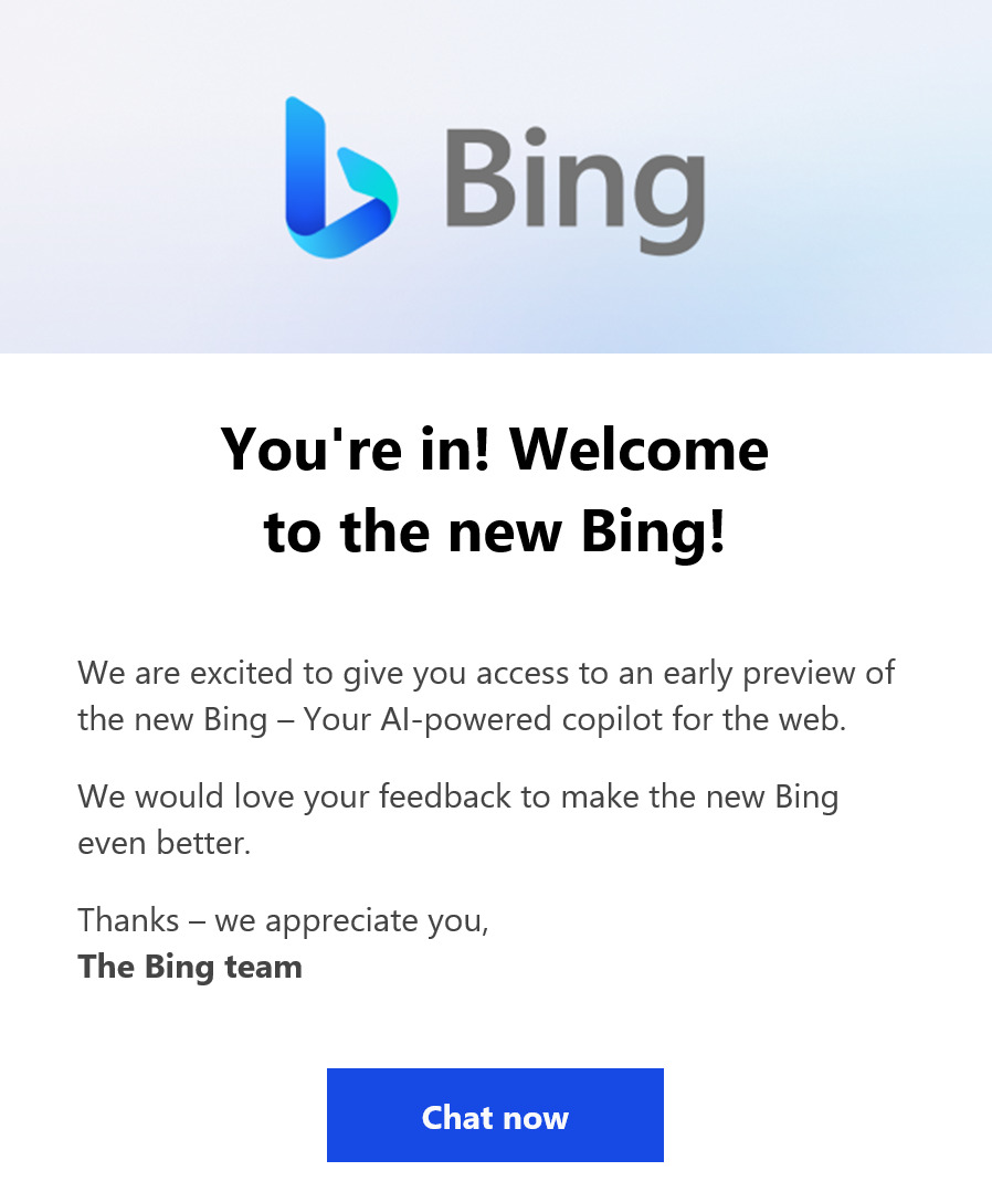 BingAIチャットが使用できる状態になった際に送られてくるメール。