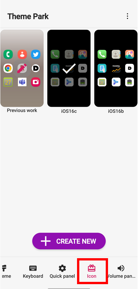 Galaxy S23 Ultraのアイコン変更を行うアプリ、Theme Parkの設定画面。